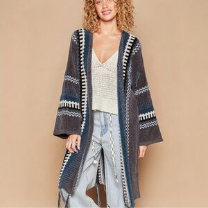POL / New Chenille Cozy Long Cardigan / Boho Striped Aztec Sweater